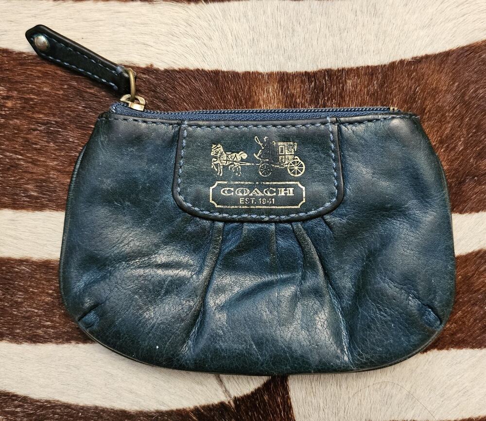 Vintage Coach Madison Teal Blue Leather Skinny Keychain Coin Purse Wallet